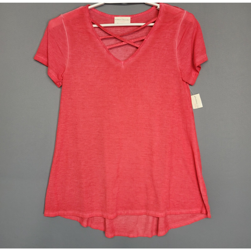 Bobbie Brooks Soft T-shirt Top Womens Small Coral Criss Cross Strappy V-Neck New